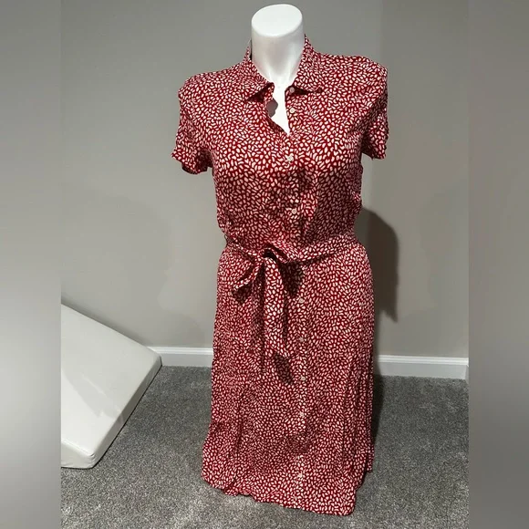 Talbots Red and White Short-Sleeve Printed Midi Shirt Dress - Picture 2 of 8